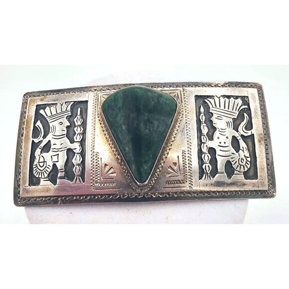 Vintage Sterling Silver Aztec Brooch With Trillion Green Onyx Inlay VERY RARE - Picture 2 of 9